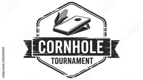 Rustic cornhole tournament emblem featuring a cornhole board and corn stalks