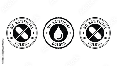 Set of three distressed circular stamps or badges indicating no artificial colors for food and products