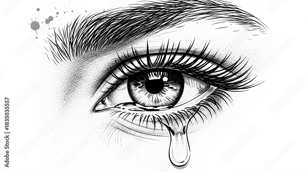 Obraz premium illustration of a crying eye with a large teardrop and ink splatters around the brow and cheek. Stipple texture and splashes add drama, making it ideal for tattoo designs, album covers