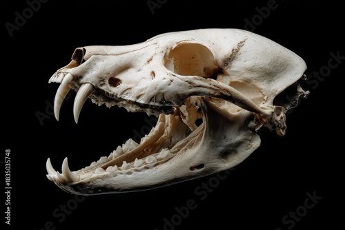 Red fox skull displaying prominent fangs with an open jaw, showcasing details of its dental structure and bone features in stark contrast against a dark background