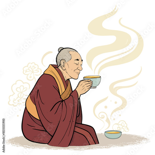 Elderly Tibetan monk enjoying a warm cup of tea