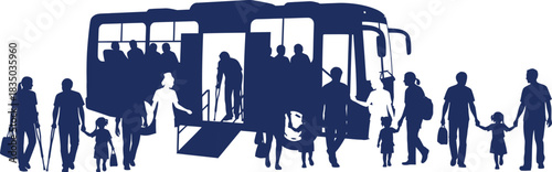 Diverse Group of People Boarding and Exiting a Bus with Children and Seniors passengers