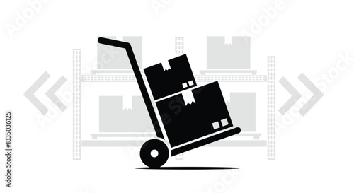 Warehouse logistics icon showing a hand truck with boxes moving past shelves, symbolizing inventory and stock management.