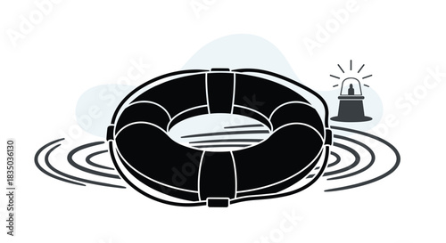 Lifebuoy icon floating on water with a lighthouse in the background, symbolizing safety, help, and maritime rescue.