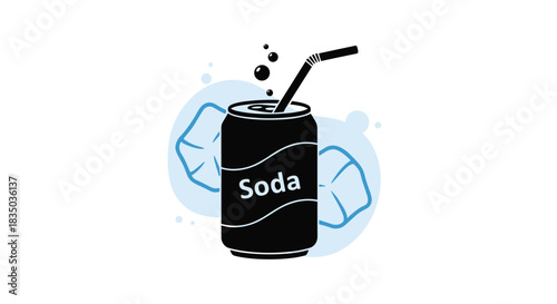 Icon of a can of soda with a straw, bubbles, and ice cubes, representing a cold, refreshing carbonated soft drink.
