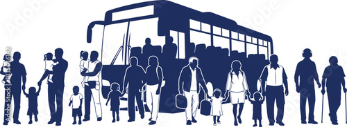 Diverse group of people with children and luggage boarding a bus Keywords: bus, people, family, children, luggage, travel