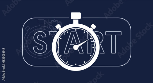 White stopwatch icon over the word START, with a subtle outline of the word and gears in the background on blue.