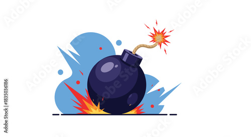 Cartoon bomb with a lit fuse about to explode, with fire and smoke effects, representing danger, deadlines, or excitement.