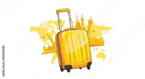 Yellow rolling suitcase in front of a world map with famous landmarks, illustrating a concept of global travel and tourism.