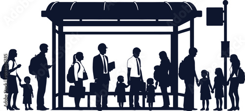 Diverse Silhouettes of People Waiting at a Bus Stop Shelter with a Sign vector illustration