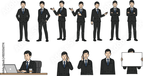 Business man character, vector illustration, office poses, presentation gestures, smartphone communication, working laptop, professional suit, cartoon style avatar set