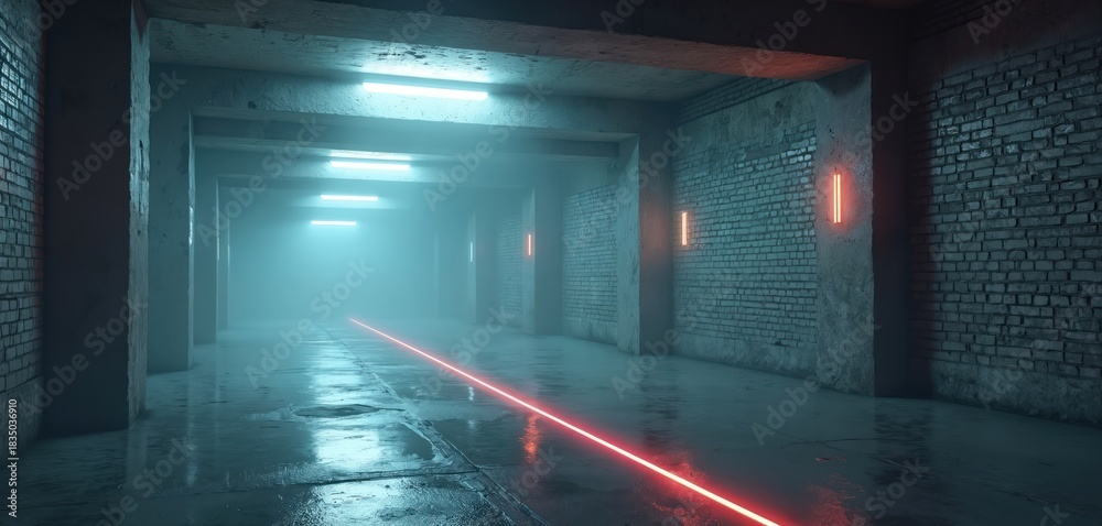Fototapeta premium Dark, foggy, futuristic tunnel with wet concrete floor. Blue neon strip lights illuminate ceiling structure. Grungy brick, cement walls feature glowing orange vertical lights. Sharp red laser line