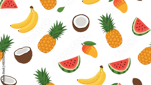 A vibrant and colorful seamless pattern featuring a variety of fresh tropical fruits like bananas, pineapples, watermelons, and coconuts.