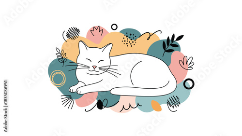 Cute white cat sleeping peacefully surrounded by abstract colorful shapes and doodles.