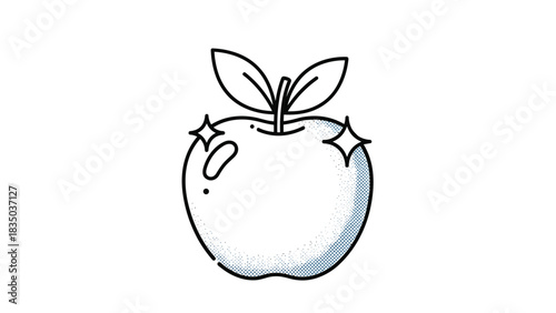 Stylized cartoon apple with leaves and sparkles, symbolizing freshness and health.