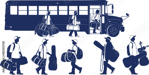 Musicians with instruments and luggage boarding a bus Keywords: bus, musicians, instruments, luggage, travel, transportation