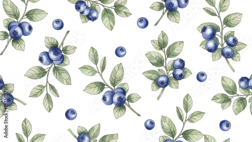 Seamless pattern of watercolor blueberries on branches with green leaves.