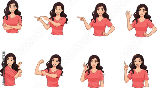 Woman, character, pointing, gestures, smiling, cartoon, vector, expression, set, hand, signs, confident, pose, friendly, communication, illustration, female, avatar, emotion, lifestyle