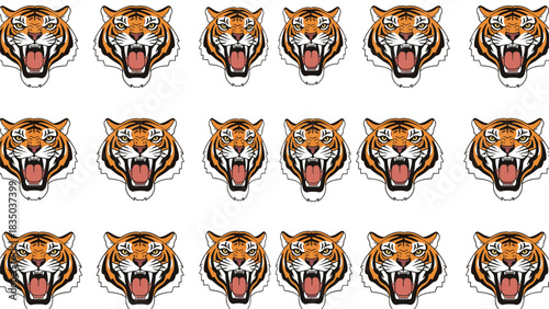 A repeating pattern of fierce tiger heads with open mouths and bared teeth on a white background.