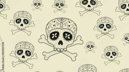 Seamless pattern of sugar skull designs with crossbones on a beige background.