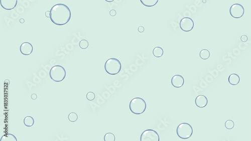 A collection of light blue translucent bubbles float against a pale green background.
