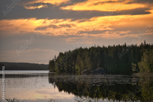 Golden sunset over a tranquil forest lake in Scandinavia.