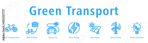 Green Transport web banner icon vector illustration with icons of Green Transportation, Bike to Work, Electric Car, Green Energy, Solar Power, Wind Turbine, and Green Innovation.