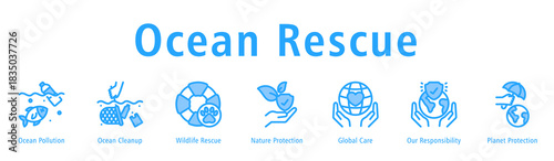 Ocean Rescue web banner icon vector illustration with icons of Ocean Pollution, Ocean Cleanup, Wildlife Rescue, Nature Protection, Global Care, Our Responsibility, and Planet Protection.