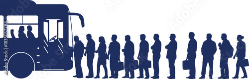 Silhouette of people waiting in line to board a bus queue
