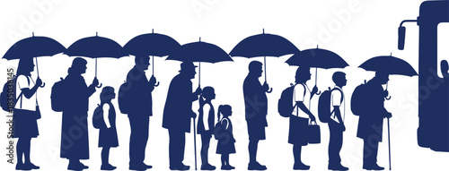 Silhouettes of people holding umbrellas while waiting in line for a bus on a white background