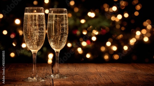 Two Champagne Glasses on Wooden Table with Bokeh Lights in Dark Background