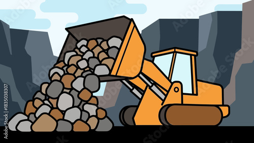 Yellow wheel loader working at a mining site, transporting and unloading a scoop of stones, presented as a vector graphic