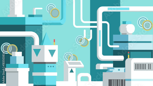 Modern industrial process illustration featuring automated machinery, intricate pipe systems, and advanced components, depicting manufacturing efficiency and production