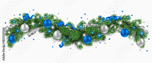Vector pine tree garland with silver and blue Christmas balls, confetti, ribbons and lights isolated on a transparent background. Holiday Christmas tree border for winter decor.