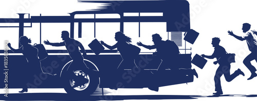 Silhouettes of people running towards a bus with luggage Keywords: bus, running, people, silhouette, luggage, travel