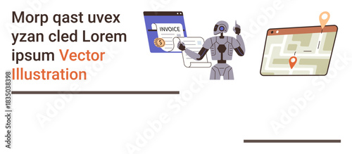 Artificial intelligence, automation, navigation, financial systems, digital transformation, innovation. A robot alongside invoice and map icons. AI in finance and navigation ion