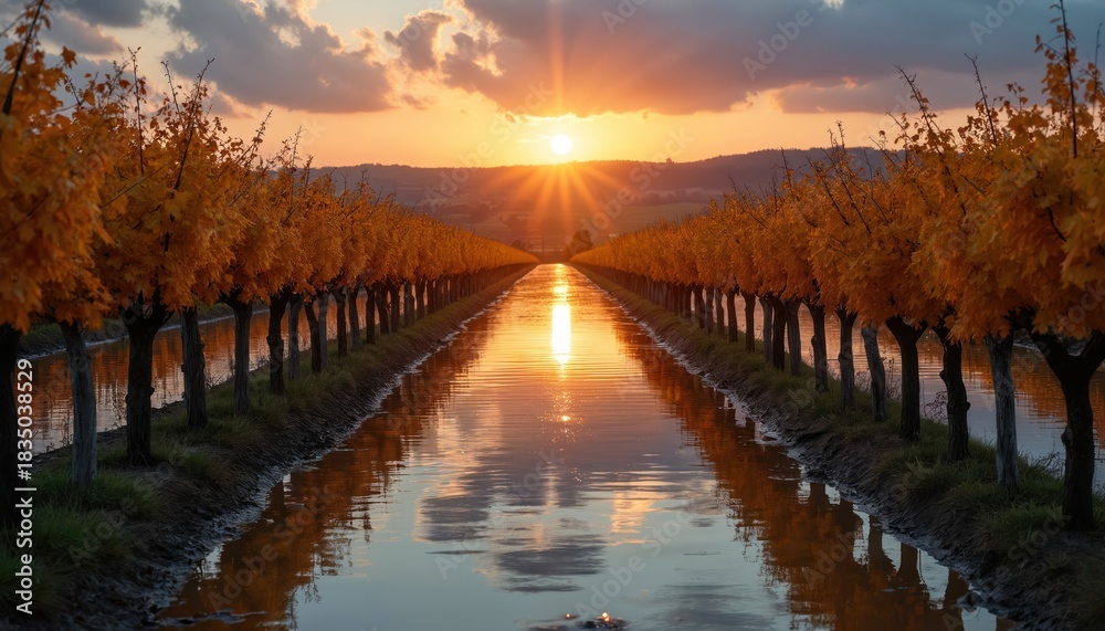 Naklejka premium Sunset view over flooded vineyard. Water covers crops along rows of trees. Nature scene shows reflection of trees on water during sunset. Climate change impact.