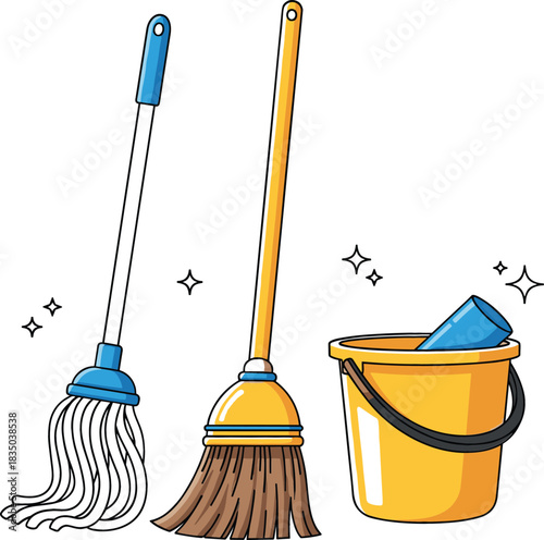 Cartoon cleaning tools including a mop broom and bucket with sparkling effect