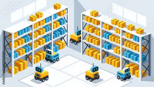 Advanced warehouse automation system with intelligent robots efficiently organizing inventory on tall shelves, showcasing modern logistics technology and supply chain innovation