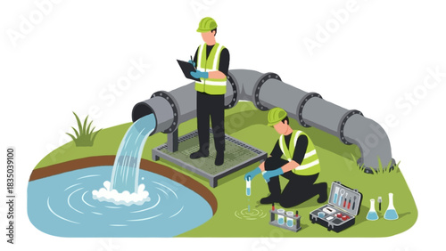 Flat vector illustration of two faceless environmental workers performing water-quality inspection at an outdoor wastewater discharge site