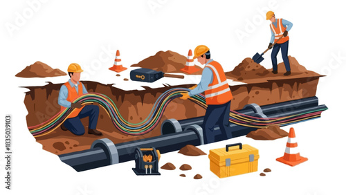 Flat vector illustration Three construction workers inside an open underground trench working on thick bundled utility cables