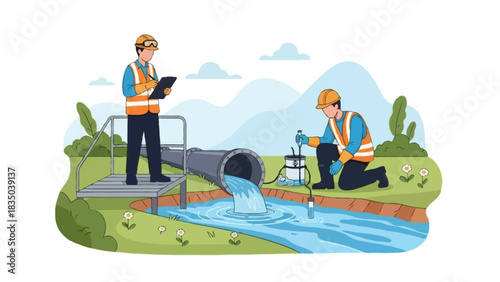 Flat Illustration of two environmental field technicians conducting water quality analysis near a small riverbank