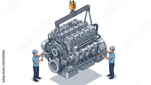 Isometric illustration of two faceless mechanics inspecting a large industrial engine suspended by a hydraulic engine hoist
