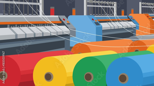 Vibrant vector illustration of a modern textile manufacturing factory production line with automated machinery creating colorful fabric rolls, showcasing efficient industrial production