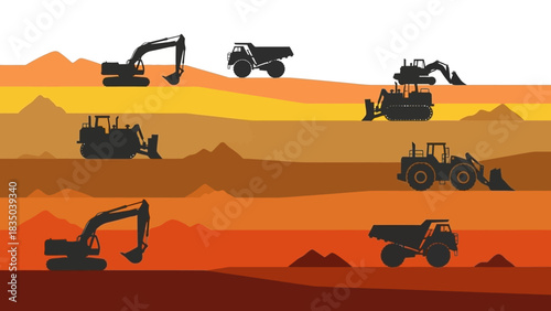 Heavy Industrial Mining and Construction Operations with Earth Moving Equipment Silhouettes Against Layered Terrain