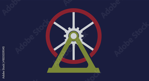 A stylized, minimalist graphic representation of a large redrimmed wheel with spokes, mounted on a green triangular support structure against a dark blue background