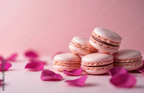 Close-up of heart-shaped macarons. Pink macarons with rose petals on pink background. Sweet dessert treats. Delicious French pastry for Valentines day. Romantic treats.