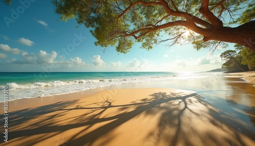 Sandy shore meets calm ocean waves under a bright blue sky. Lush tree branches cast dappled shadows across the golden beach, creating a tranquil natural scene.