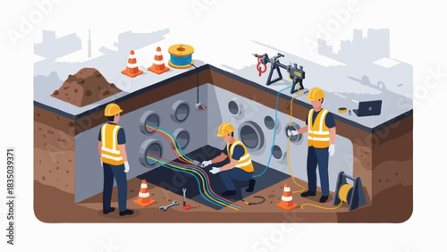 Flat isometric scene showing a team of faceless technicians performing underground cable maintenance