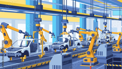 Automated Car Assembly Line with Robotic Arms in a Modern Factory